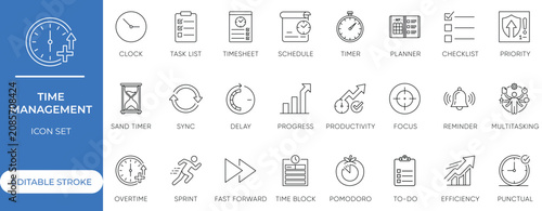 Time Management, Productivity, Planner, Schedule, Multitasking and Pomodoro Timer Minimalist Line Vector Icon Set Editable Stroke