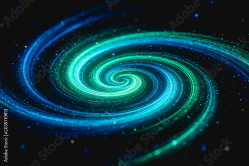 A luminous spiral nebula with blue and green glowing trails, scattered stars in dark cosmic space, a science-themed abstract visual.