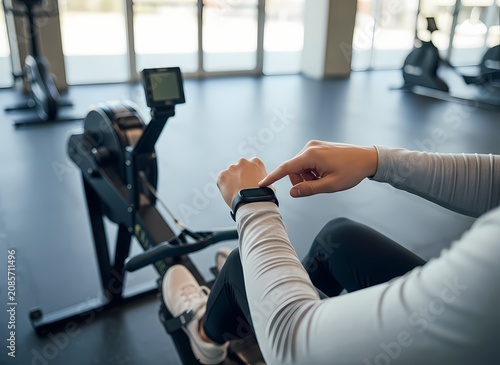 A dedicated athlete checks personal progress on a wearable tech device while sitting on a professional rowing machine inside a large fitness center to monitor daily physical training