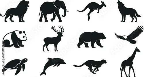 Canvas Print Wild Animal Silhouette Collection with Lion, Elephant, Kangaroo, Wolf, Panda, De