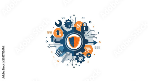 Cybersecurity and Technical Maintenance Concept Icon with Shield, Gears, and Circuitry for Data Protection and System Optimization