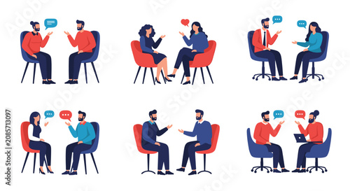 Multiple flat design cartoon scenes showing diverse people sitting on comfortable chairs and having friendly chats.