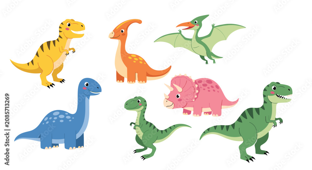 Obraz premium Set of diverse cartoon dinosaur species including tyrannosaurus rex, triceratops, pteranodon, and brachiosaurus on a white background.