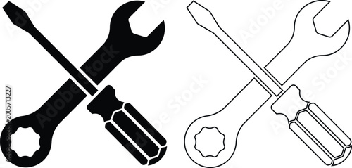 Photos Screwdriver and wrench tools set in black silhouette and line art on white backg