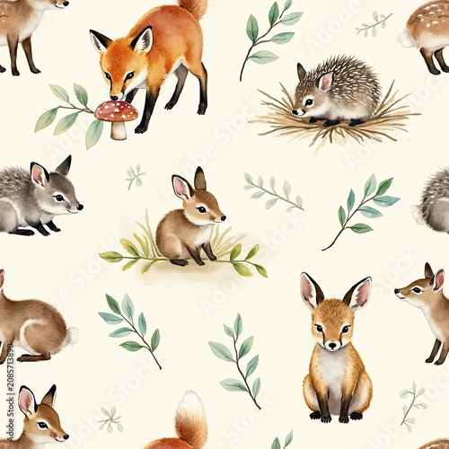 Adorable Woodland Animal Pattern Featuring Foxes, Hedgehogs, and Bunnies on Light Background