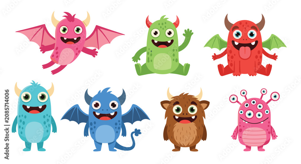 Fototapeta premium Collection of eight colorful cartoon monsters with wings, horns, and multiple eyes showing various expressions on a white background.