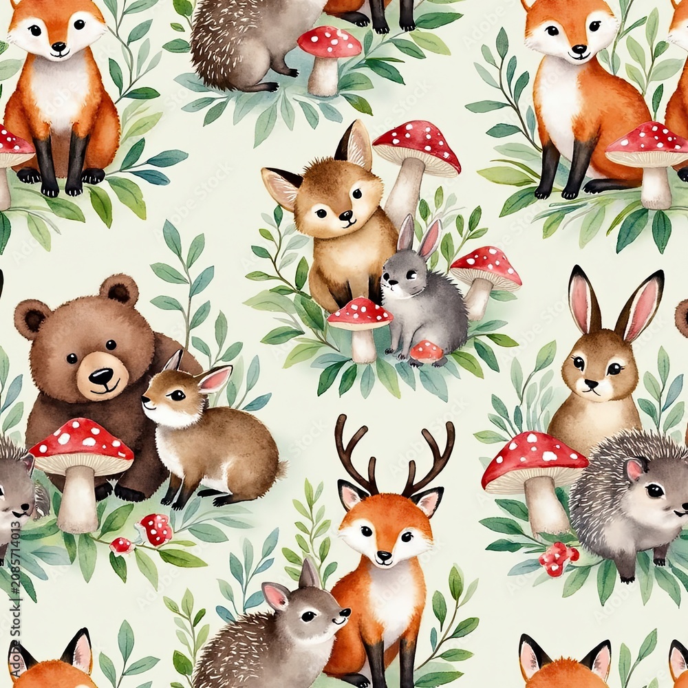 Obraz premium Whimsical Forest Animals and Mushrooms Pattern for Children's Decor