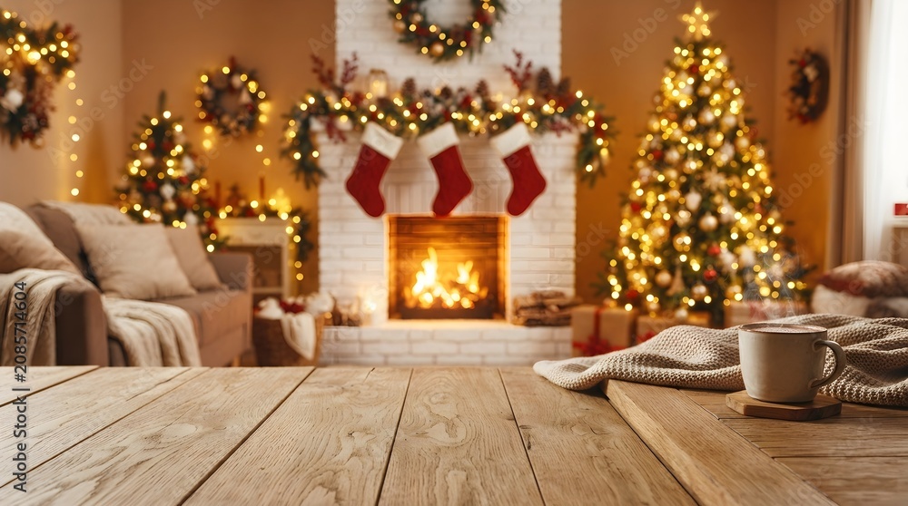 Fototapeta premium Cozy christmas living room scene with fireplace stockings and decorated tree for holiday marketing