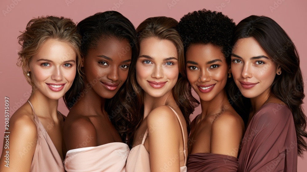 Obraz premium Five women of different ethnicities standing in a row, wearing elegant dresses, against a pink background.