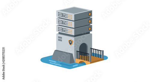 Isometric Server Fortress Representing Cybersecurity Data Protection and Secure Cloud Hosting