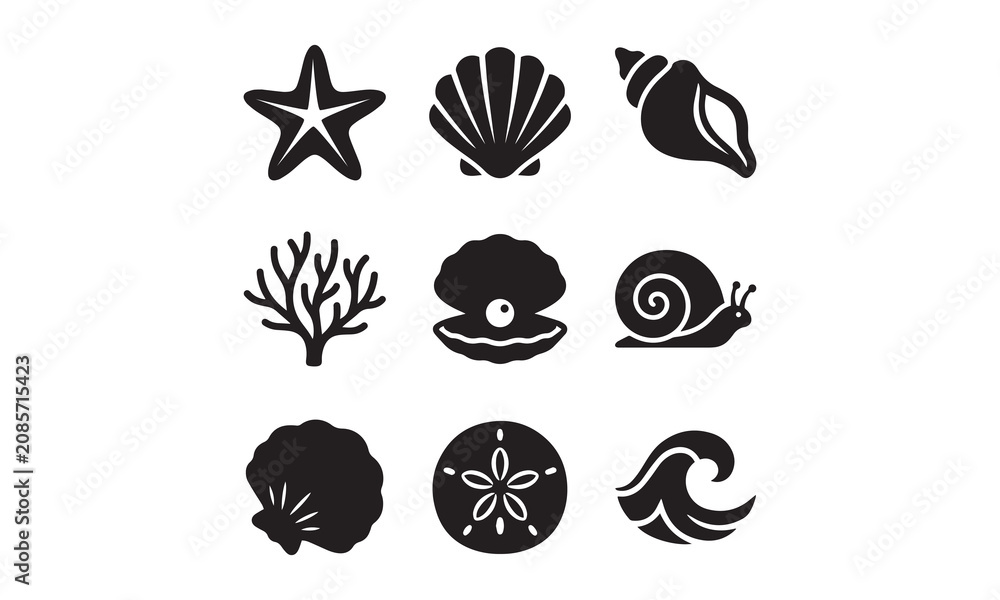 Obraz premium Black silhouette icons of sea life and ocean elements arranged in a grid.