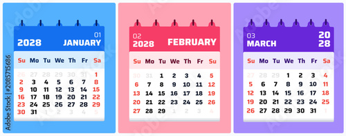 Foto January, February and March 2028 calendar trio in blue, pink and purple