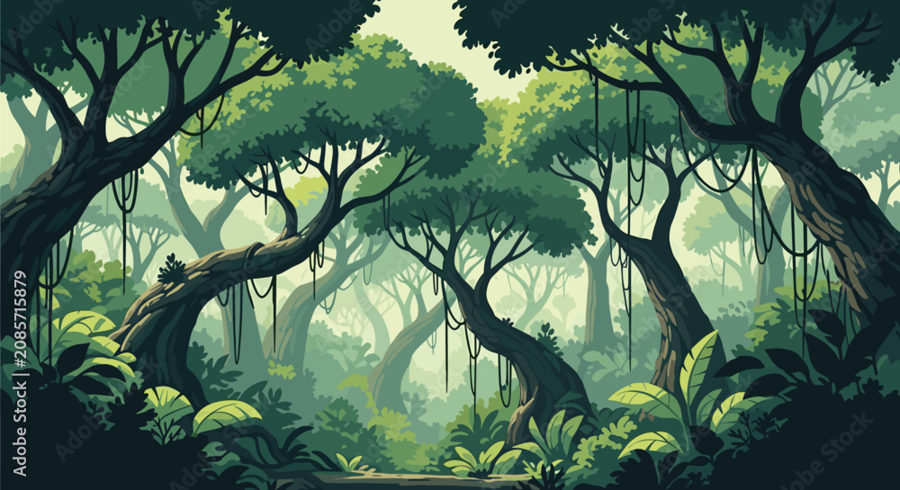 Fototapeta premium Lush green jungle rainforest landscape with tall trees, hanging vines, and tropical vegetation in flat cartoon style.