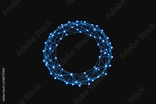 A glowing blue network ring made of connected nodes and lines, set against a dark background, representing digital connection and data structure.