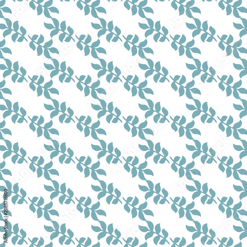 Seamless minimalist leaf pattern. Features a clean repeating grid of light blue foliage branches forming elegant diagonal trailing stripes over a white background. Trendy design for textiles.