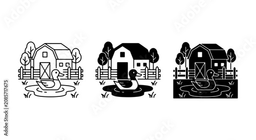 Εκτύπωση καμβά Farmhouse Duck Pond Icons, Rural Barn Landscape Graphics, Countryside Animal Sce