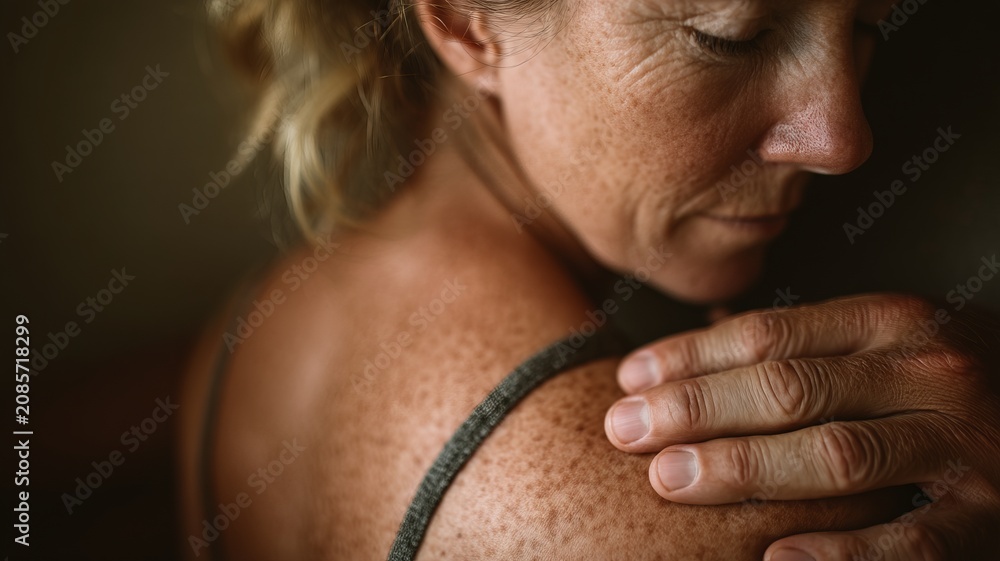 Fototapeta premium Mid-adult woman experiencing reflection with hand on shoulder. Emotional support and self-care concept for mental health, hormonal balance, and postpartum wellness in female patient.