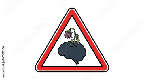 Vector warning sign depicts a brain with a flower growing out of it
