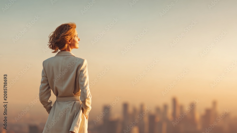 Fototapeta premium Businesswoman gazes at city skyline at sunset, contemplating future success and strategy