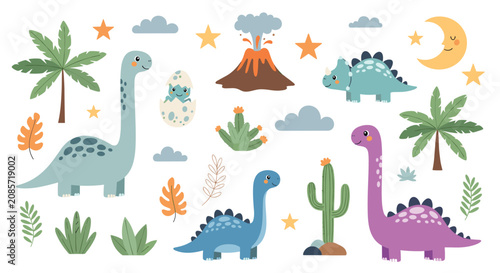 Collection of friendly dinosaur characters, palm trees, volcanoes, clouds, and stars for a fun prehistoric themed nursery design.
