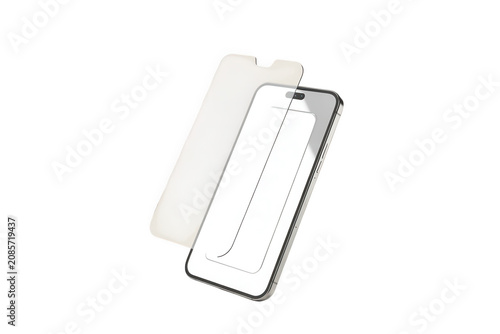 Smartphone screen protector glass being applied isolated on transparent background