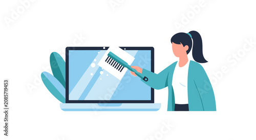 Woman Cleaning Laptop Screen Vector Illustration for Digital Data Cleanup, System Optimization, and Computer Maintenance Concepts