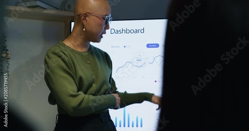 A businesswoman works late with team members to finalize project direction and operational plans.