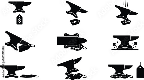 Foto Black Anvil Silhouettes Crushing Price Tags Vector Set for Financial Graphics, R
