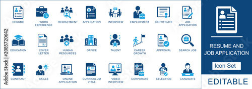 Resume and job application  icon set. Featuring recruitment, human resources, curriculum vitae, employment and interview. Vector icons for career guides, hr flyers and job portals.
