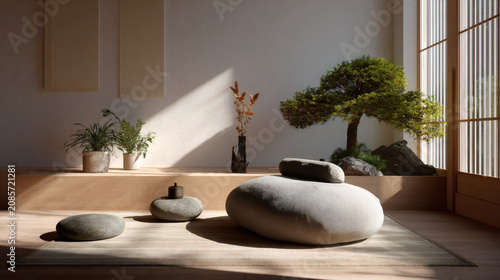 Zen meditation room with natural elements, featuring smooth stones, a bonsai tree, and soft light filtering through a shoji screen, evoking serenity and tranquility.