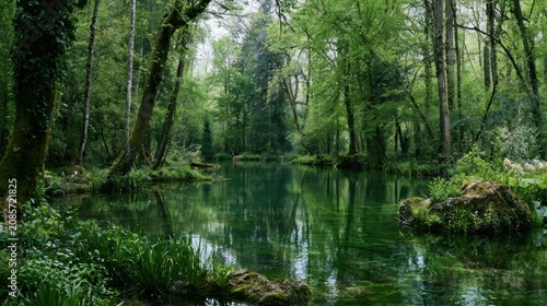 A serene, tranquil forest scene with a calm, reflective pond in the foreground, surrounded by lush greenery and trees, with a person walking in the background.