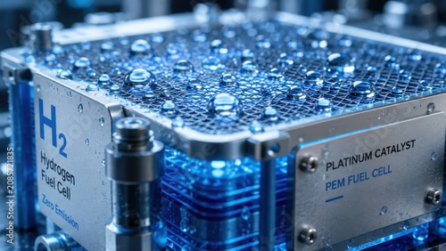 Macro photograph of an advanced hydrogen fuel cell with crystal-clear water droplets covering a glowing platinum catalyst surface, showcasing clean zero-emission energy technology in sharp scientific 
