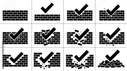Tableau sur toile Black Check Mark Icon Breaking Through Brick Wall Sequence Vector for Business P