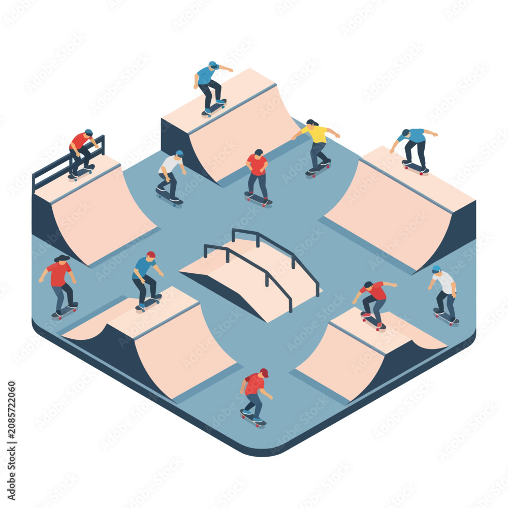 Fotografija Isometric skatepark with multiple skaters performing tricks.