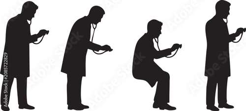 Quadro su tela Doctor Silhouette Set Using Stethoscope for Medical Examination Isolated on Whit