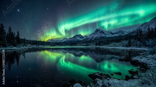 Northern lights reflection over snowy mountains and still lake at night