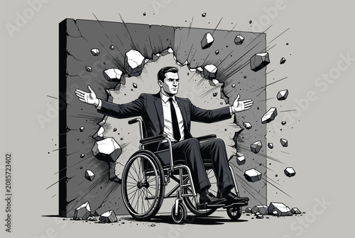 Strong man in a business suit and wheelchair successfully breaks through a solid grey brick wall in a symbol of perseverance.