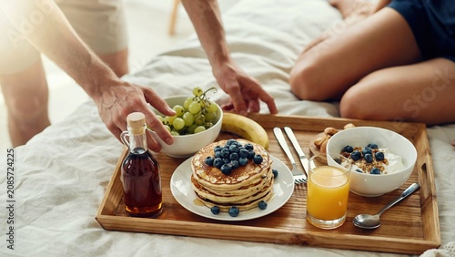 Breakfast in bed, morning food, pancakes with blueberries, cozy morning, healthy breakfast