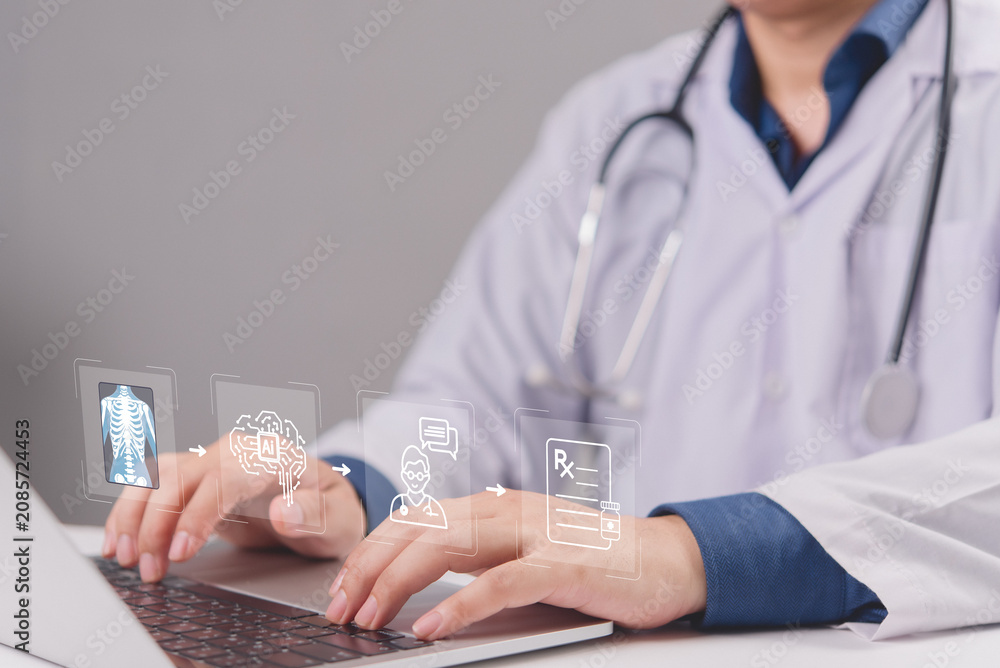 Fototapeta premium Healthcare professional using a computer with an advanced AI medical diagnostic flowchart hologram, representing modern digital medicine, telemedicine, and automated patient care tech.