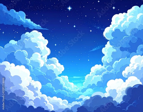 Fluffy clouds under starry sky