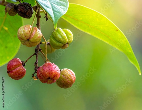 Fruit on leafy branch backlit