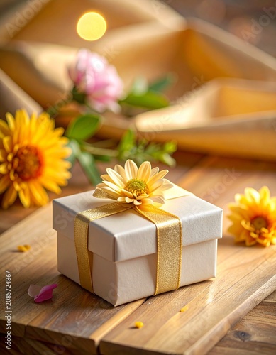 Gift box with flowers, soft focus