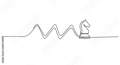 Continuous line drawing of a chess knight on a wavy path, symbolizing strategy and movement.