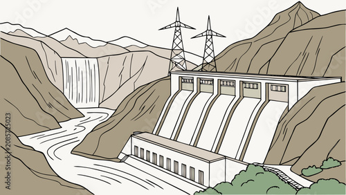 Fotografie A flat of a hydroelectric dam situated in a mountain valley with a waterfall and