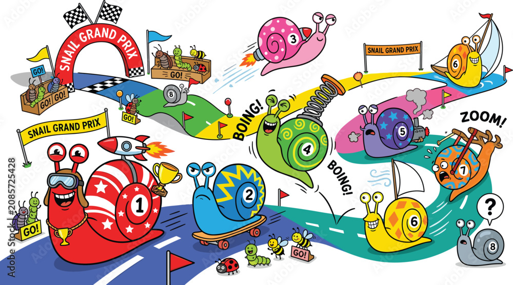 Naklejka premium Funny Snail Grand Prix Race Scene with Rocket, Trophy, Finish Line, and Colorful Racer Character for Kids Cartoon Vector Illustration