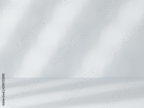 Minimal white studio background with soft natural window light shadows and clean floor, perfect abstract backdrop for product display, branding, cosmetics, mockup, advertising and modern design.