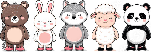 Photography Cute cartoon woodland animals set featuring bear rabbit wolf sheep and panda standing isolated on white in image_ac322b