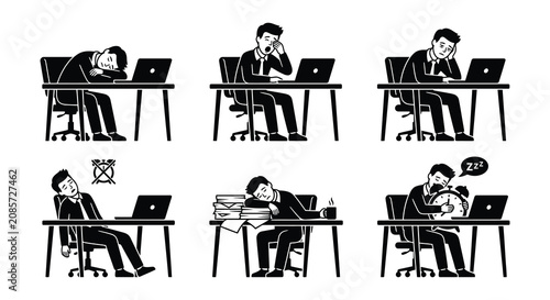 Photos Office worker silhouettes depicting exhaustion and sleep vector illustration