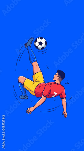 Abstract soccer athlete illustration with copy space showing a football player in mid-air kick on a blue background. This graphic is used for sports tournament posters and athletic event marketing.