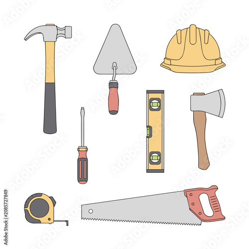 Builder's tools set including a hammer, saw, axe, and level in a clean illustrative style. For construction company branding, DIY workshop guides, and Labor Day promotional graphics.